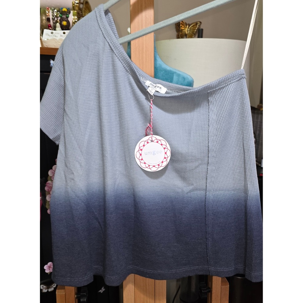 Umgee USA One Shoulder Waffle Knit Ombre Dip Dye Top Blue Small NWT